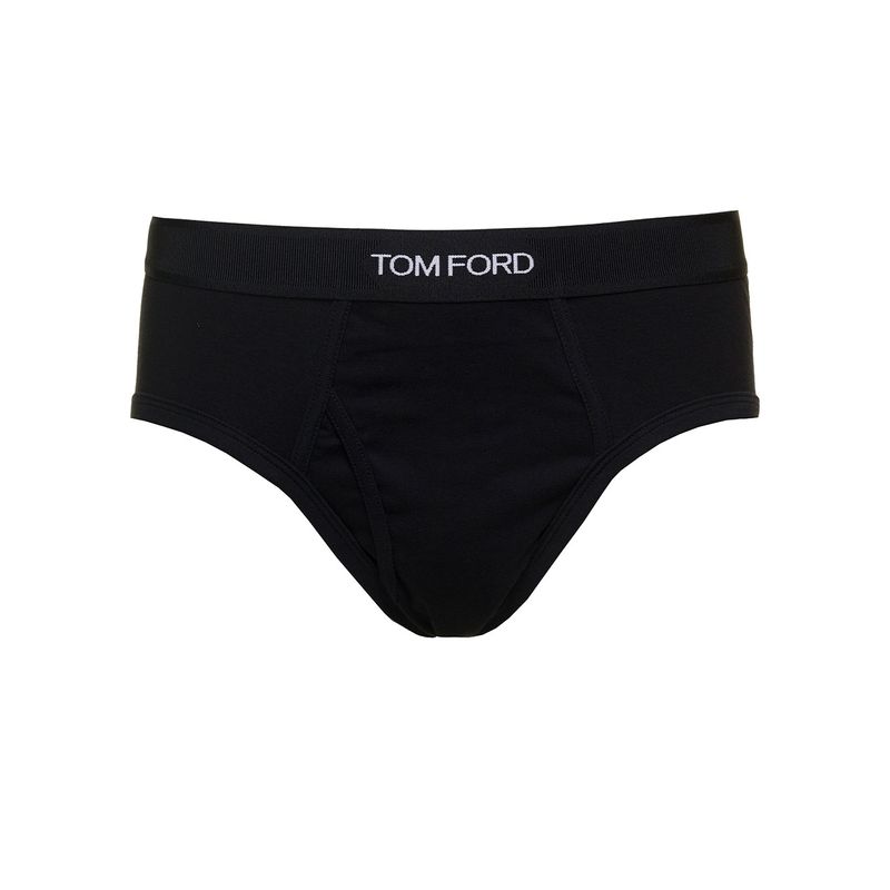 Tom Ford Black Briefs With Logged Waistband In Cotton Stretch Man
